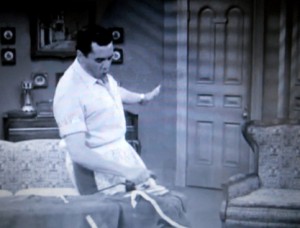 Ricky Ricardo ironing in "Job Switching" episode from I Love Lucy Desi Arnaz irons a shirt in I Love Lucy's "Job Switching" episode
